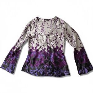 VTG Y2K 100% silk blouse size M purple print Bell Sleeve witchy fairy whimsyGoth